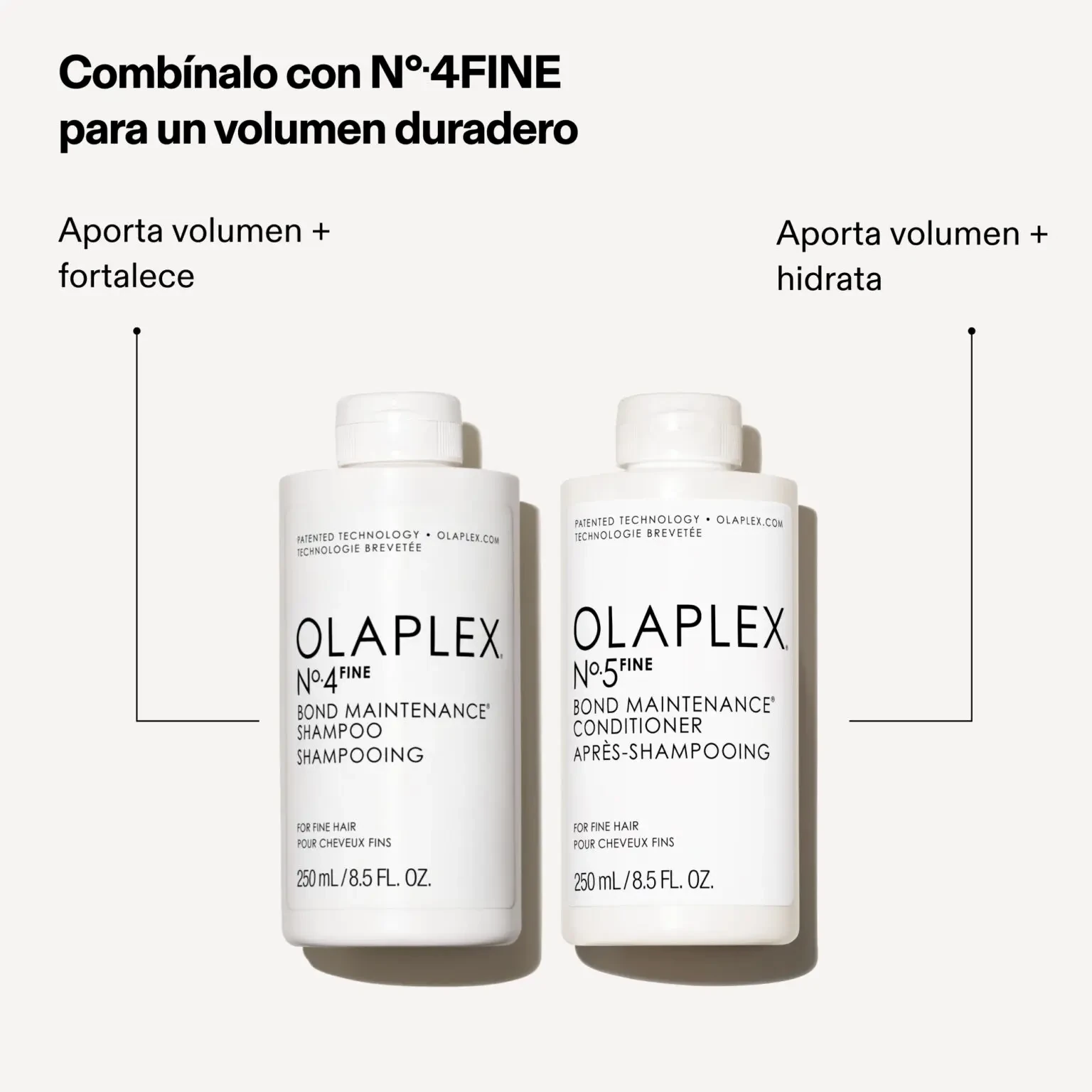 Dúo Olaplex Nº4 Fine y Nº5 Fine para dar volumen, fortalecer e hidratar el cabello fino.