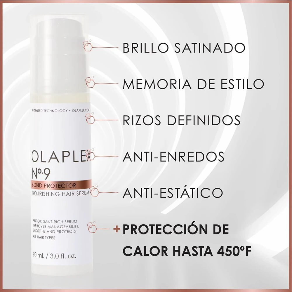 Beneficios del sérum Olaplex Nº9: brillo satinado, memoria de estilo, definición de rizos y protección térmica.