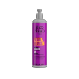 Acondicionador morado TIGI Bed Head Serial Blonde vista frontal para cabellos rubios decolorados.