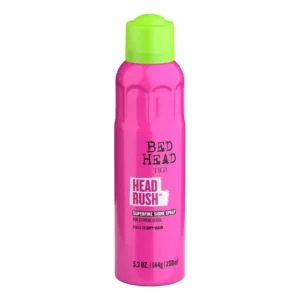 Spray Bed Head Headrush vista frontal, ideal para dar brillo y acabado luminoso al cabello.