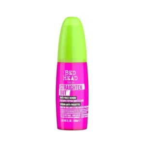 Serum Bed Head Straighten Out vista frontal para controlar frizz y dejar el cabello más liso.