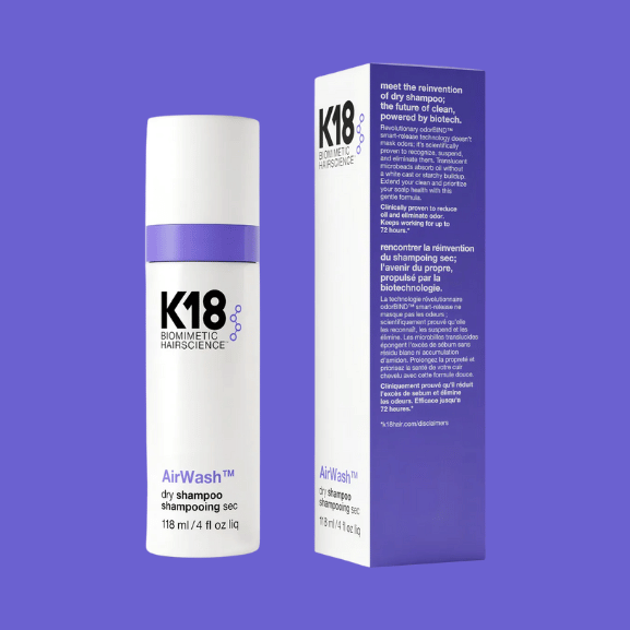 K18 AirWash shampoo en seco con su caja, presentación profesional con tecnología OdorBIND™ para eliminar olores y equilibrar el cuero cabelludo – Bonjour Salón.