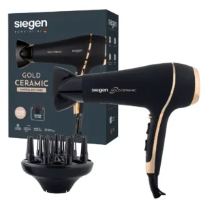 Secador de pelo Siegen SG-3035 Gold Ceramic negro con detalles dorados y difusor y caja en fondo blanco