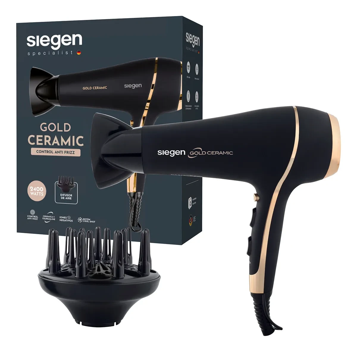 Secador de pelo Siegen SG-3035 Gold Ceramic negro con detalles dorados y difusor y caja en fondo blanco