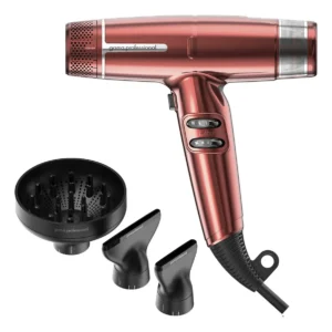 Secador profesional GAMA iQ Lite color rojo con difusor y boquillas para secado preciso y control del peinado.