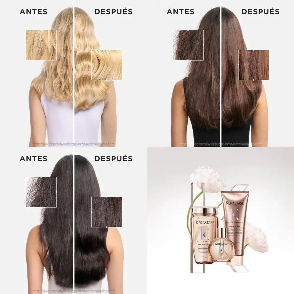Kérastase Gloss Absolu Bain Hydra-Glaze 250 ml mujeres con cabellos antes y despues