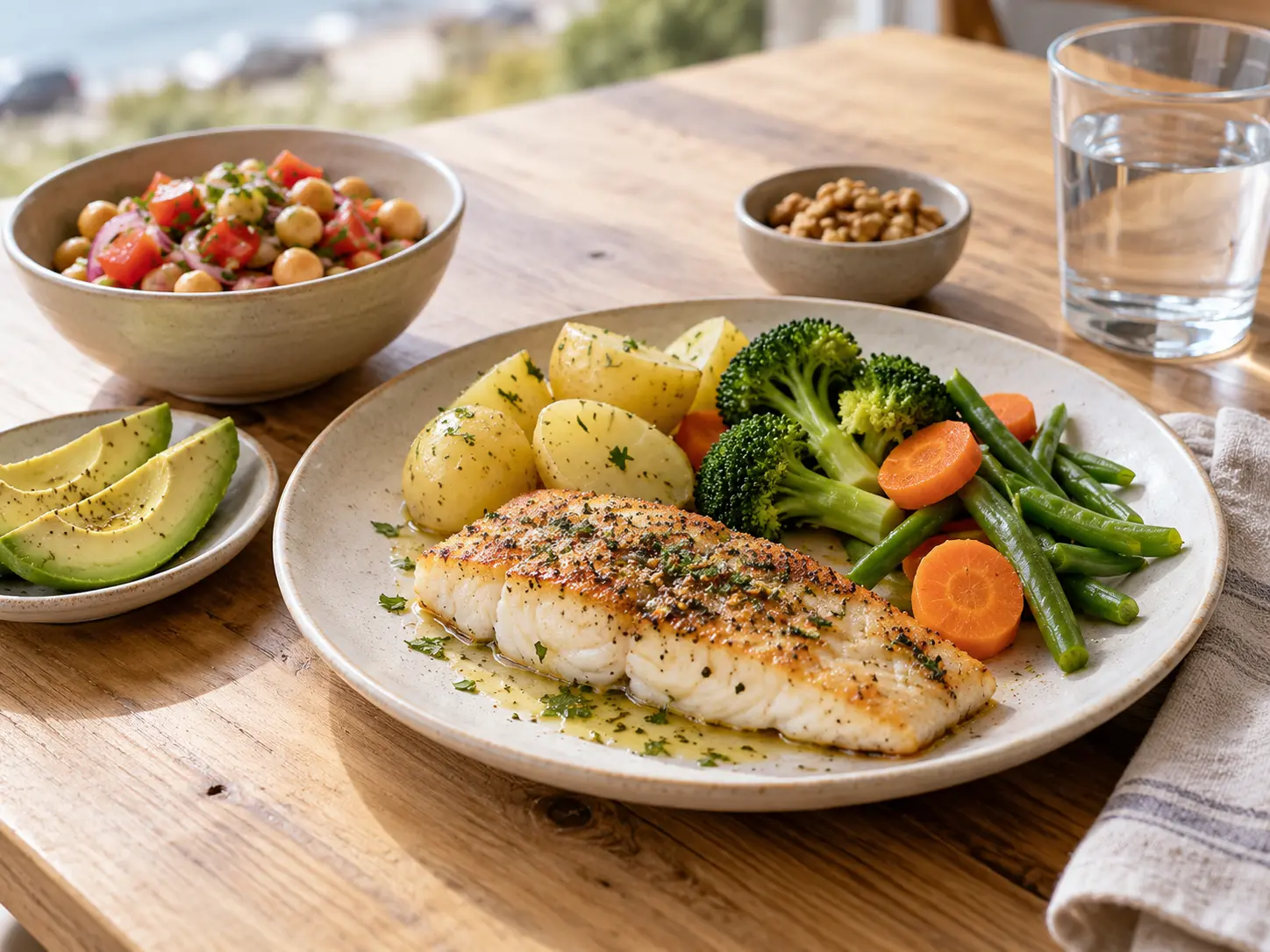 Almuerzo con pescado, papas, verduras, ensalada de garbanzos, palta, nueces y agua.