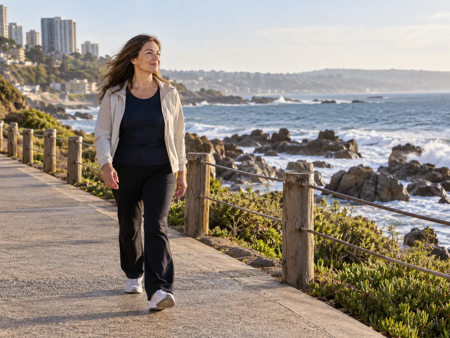 Mujer adulta con ropa cómoda caminando por un paseo costero con rocas y mar de fondo.