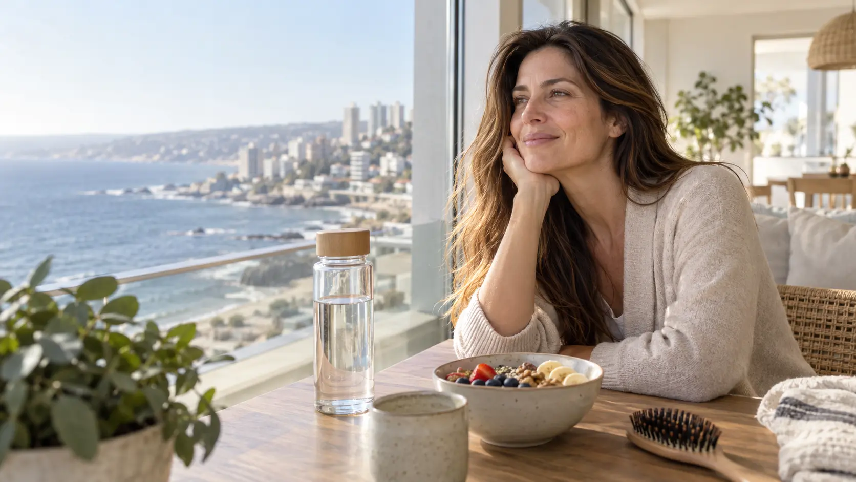 Mujer adulta con cabello largo junto a una ventana, con frutas, nueces, agua y un cepillo sobre la mesa.